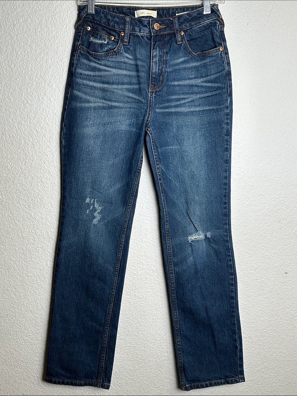 Cleo‎ + Wolf Women Jeans Dark Blue Denim High Rise Straight Distressed Size 28